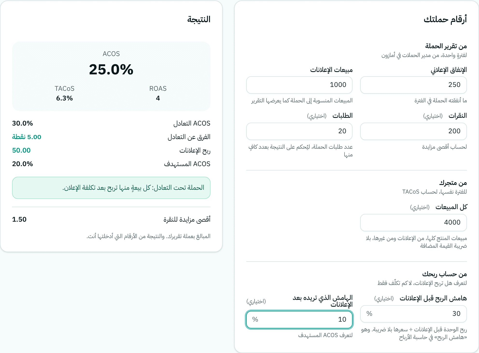 حاسبة ACOS في سيليت، وفيها نتيجة المثال: ACOS وROAS وTACoS وACOS التعادل وأقصى مزايدة